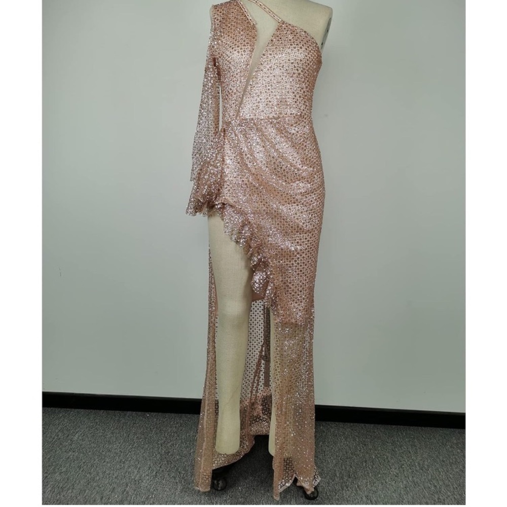 One Shoulder Formal Evening High Waist Sequins Party Dress Pinkish Beige Size: L - Picture 2 of 4